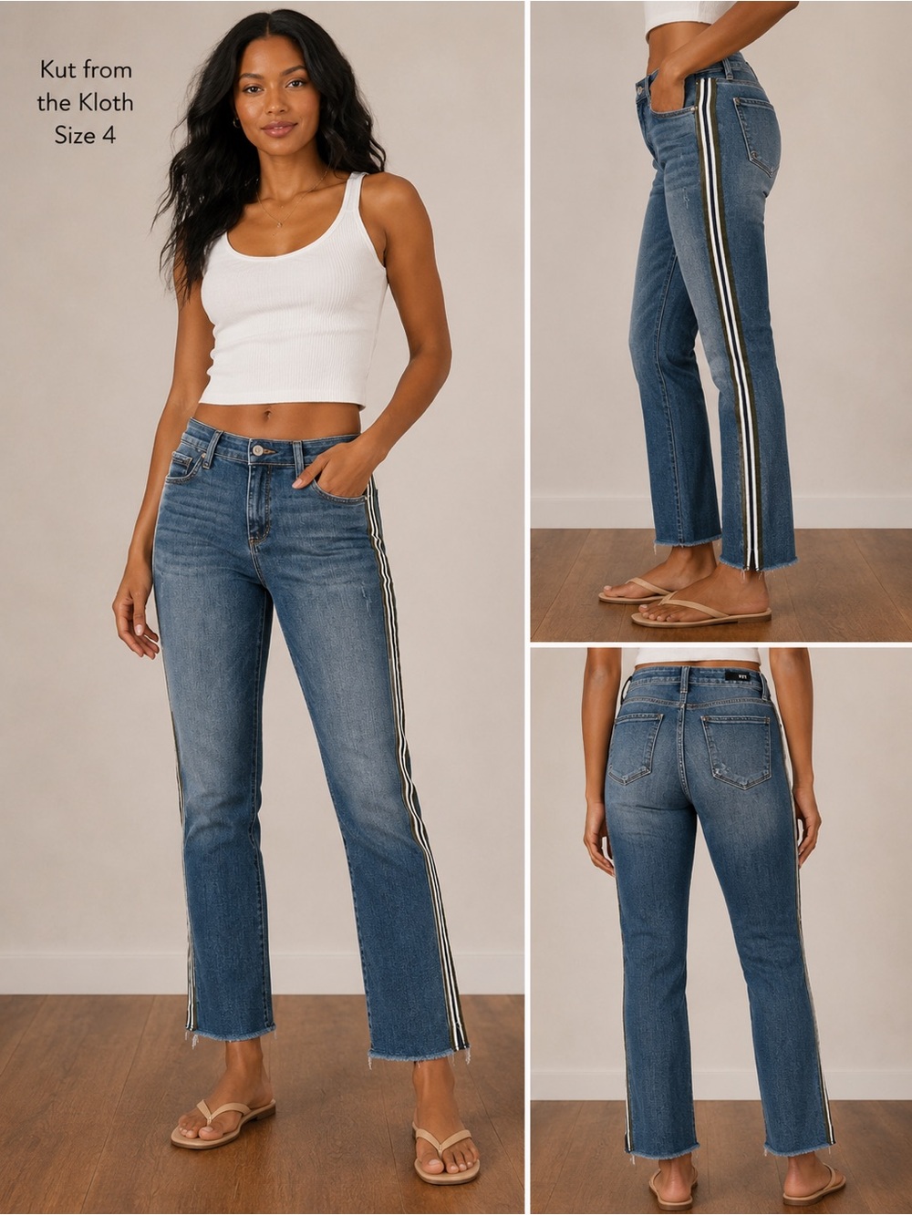 Kut from the Kloth Medium Blue Jeans with Black, Green & White Side Stripes